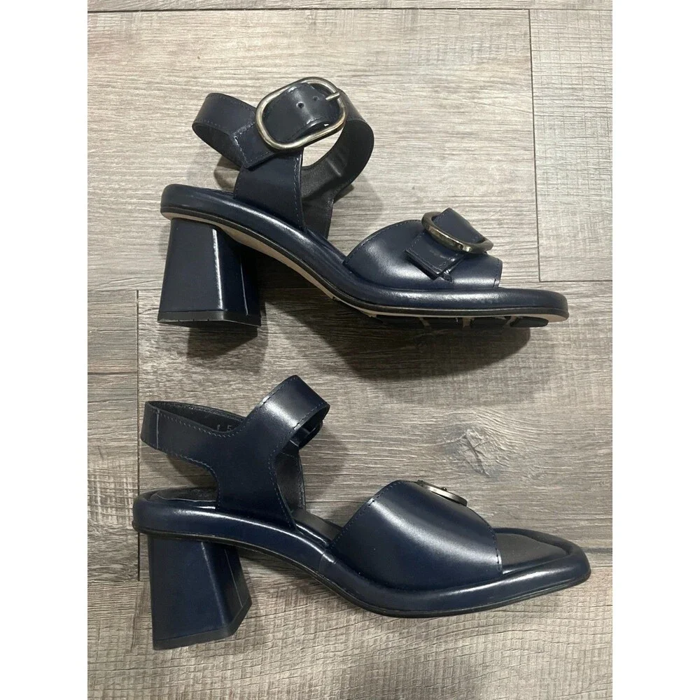 NWOB Homers Navy Blue Block Heel Leather Hand Crafted Strappy Sandals Size 36
